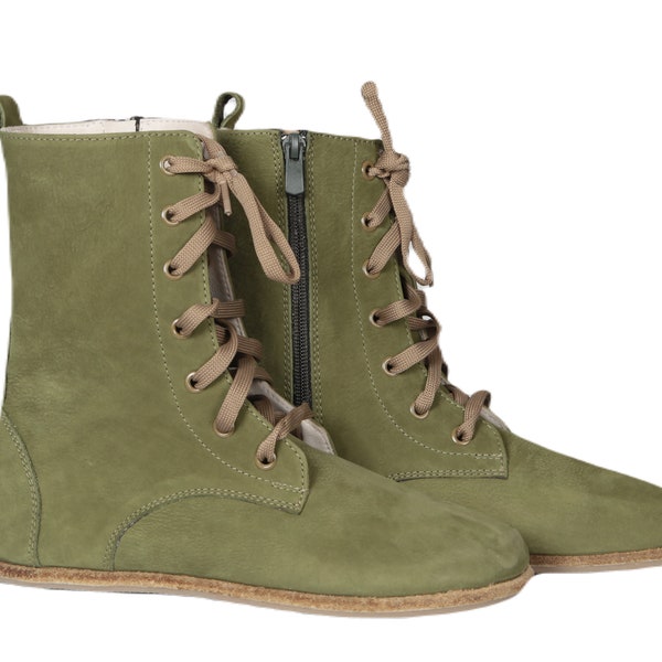 Women Handmade LONG Boots Zero Drop, Barefoot GREEN NUBUCK Leather, Natural, Colorful, Leather Insole & Outsole