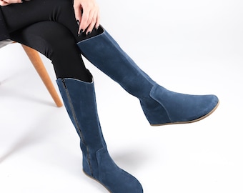 Women Flat KNEE Boots Barefoot Zero Drop JEANS NUBUCK Leather Handmade Shoes, 5mm Leather Outsole