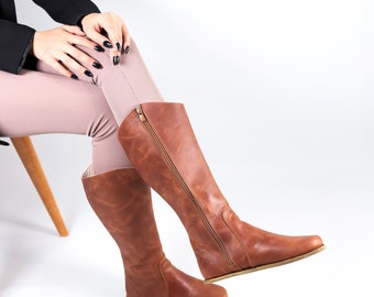 Botas planas KNEE para mujer Descalzas Zero Drop BROWN CRAZY Zapatos hechos a mano de cuero suela de cuero de 5 mm Etsy Mexico