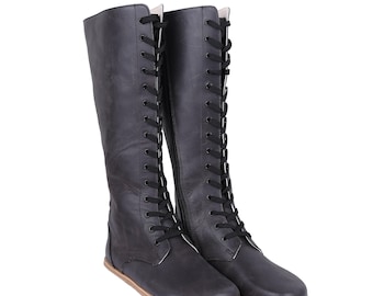 Handmade Asphalt Black Leather Knee High Boots: Barefoot Zero Drop