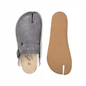 Women GRAY Smooth Leather Split-Toe Tabi Shoes, Barefoot Comfort Sandal, 6mm-Rubber-Sole