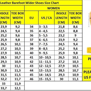 Pu&ograve; includere: Un grafico giallo con una guida alle taglie per scarpe da uomo e da donna. Il grafico mostra le taglie di scarpe europee, le taglie di scarpe statunitensi/canadesi, la lunghezza della soletta in centimetri e la larghezza della scatola delle dita in centimetri. Il grafico include anche un diagramma di un piede con misure di larghezza e lunghezza.