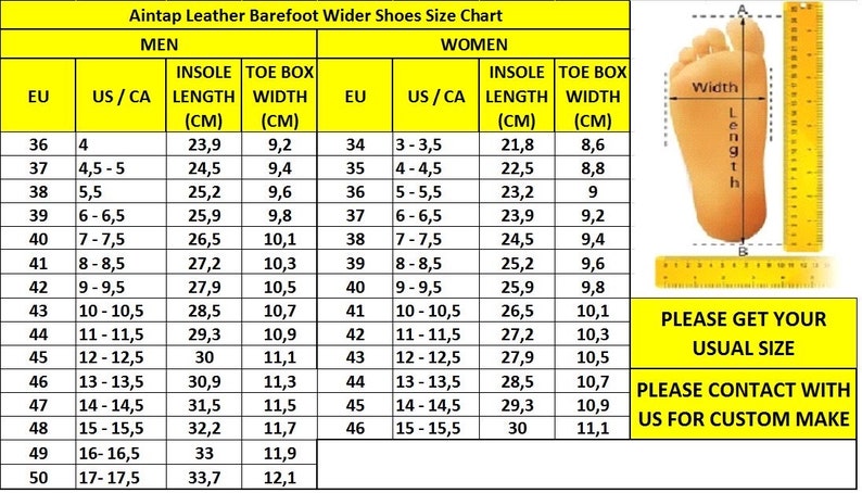 Pu&ograve; includere: Un grafico giallo con una guida alle taglie per scarpe da uomo e da donna. Il grafico mostra le taglie di scarpe europee, le taglie di scarpe statunitensi/canadesi, la lunghezza della soletta in centimetri e la larghezza della scatola delle dita in centimetri. Il grafico include anche un diagramma di un piede con misure di larghezza e lunghezza.