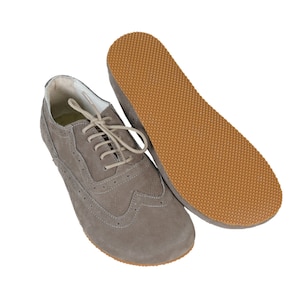 MEN Barefoot OXFORD, Moccasin Shoes for  Businessman SMOKED Nubuck Leather Handmade Zero Drop, Dress Formal Oxfords, 5mm Rubber Outsole