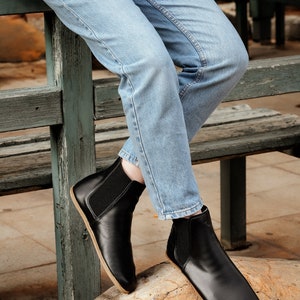 Women Handmade CHELSEA Boots Zero Drop, Barefoot BLACK Smooth Leather, Natural, Colorful, Leather Insole & Outsole image 8