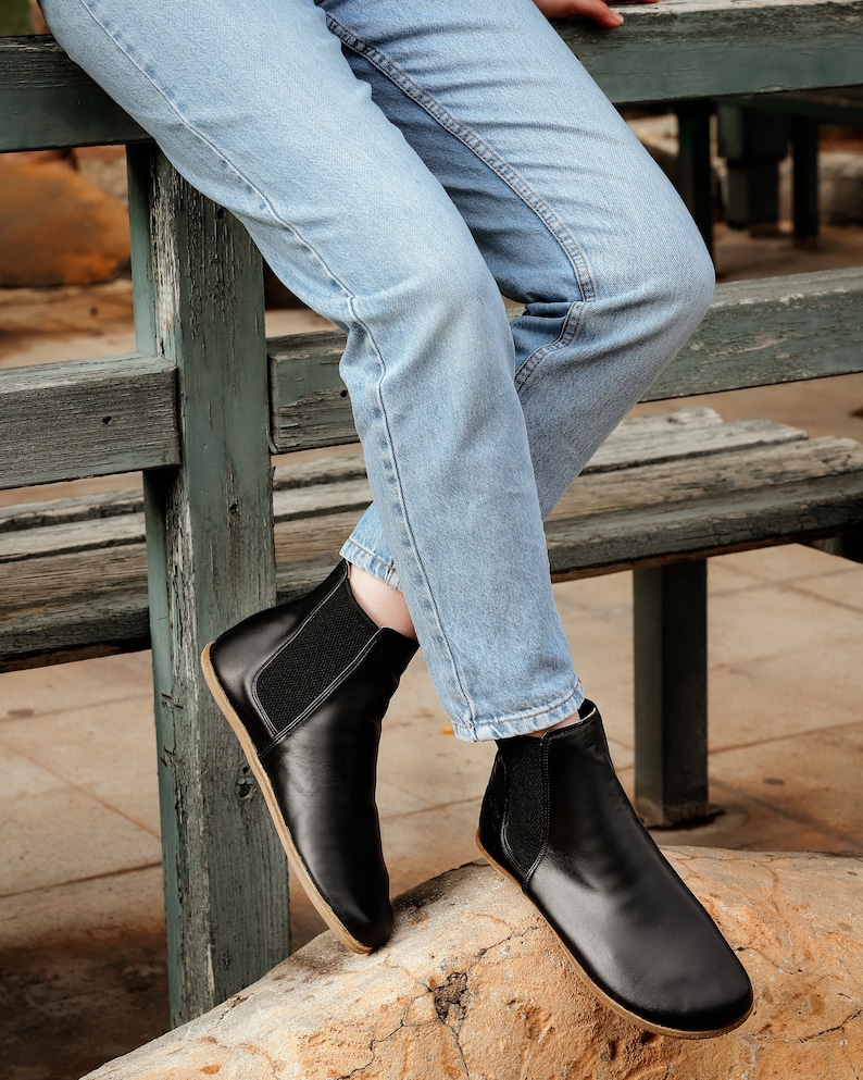 Women Handmade CHELSEA Boots Zero Drop, Barefoot BLACK Smooth Leather, Natural, Colorful, Leather Insole & Outsole image 8