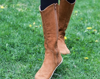 Women Flat KNEE Boots Barefoot Zero Drop TAN NUBUCK Leather Handmade Shoes 6mm Soft Rubber Outsole Etsy