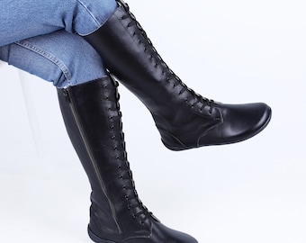 Stivali al ginocchio in pelle nera fatti a mano: Barefoot Zero Drop, punta larga