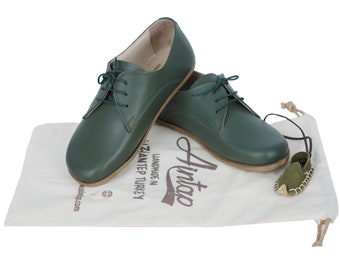 WOMEN Oxford Barefoot Classic Yemeni Shoes Green Leather Handmade, Natural, Colorful, Slip-On