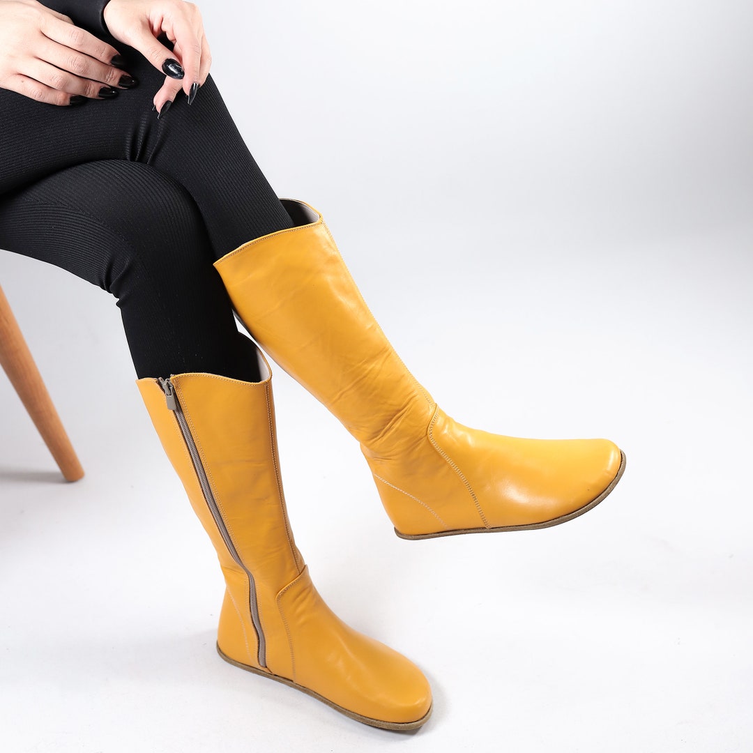 Handmade Barefoot Smooth Leather Knee Boots - Mustard Yellow, Zero