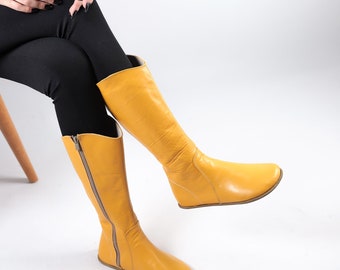 Women Flat KNEE Boots Barefoot Zero Drop MUSTARD SMOOTH Leather Handmade Shoes, 5mm Leather Outsole