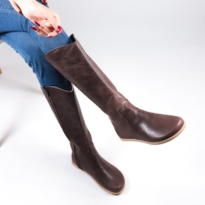 Dames platte knielaarzen op blote voeten Zero Drop CHOCOLADE - Bruin CRAZY lederen handgemaakte schoenen, 5 mm Eva Base buitenzool