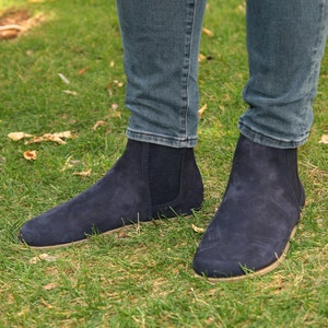Men&#39;s Handmade Barefoot Chelsea Boots: Navy Nubuck Leather