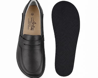 Barefoot BLACK CRAZY-leren herenschoenen, handgemaakt, Penny Loofers, rubberen zool van 3 mm