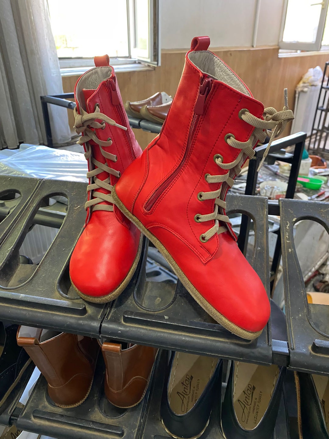 Red 4649 Handmade Wide Toe Box Leather Boots: Red Barefoot Ankle Boots - Etsy