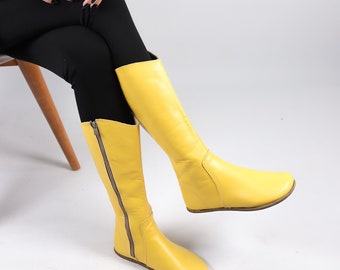 Women Flat KNEE Boots Barefoot Zero Drop YELOOW SMOOTH Leather Handmade Shoes, 5mm Leather Outsole