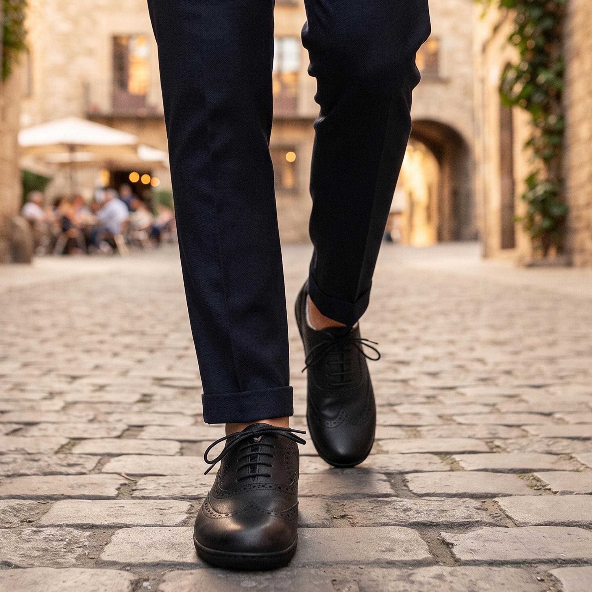 Men BLACK SMOOTH Leather Barefoot Oxfords: Handmade Zero Drop Dress Shoes, Soft and Flexible Rubber Outsole