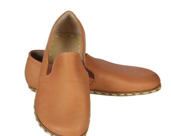 MEN Barefoot Tan Leather Handmade Sport Yemeni Shoes, Natural, Colorful, Slip-On