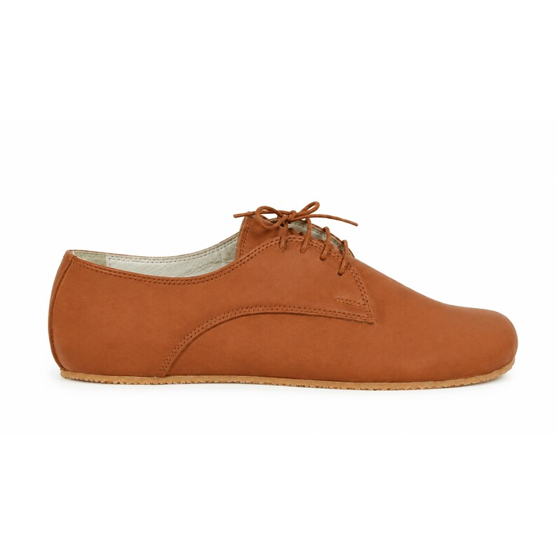 Women's Barefoot TAN SMOOTH Leather Oxford Shoes, Classic Comfort & Style: Handmade, Moccasins, 6mm Rubber Outsole image 10