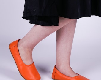 Flat Ballet Barefoot Zero Drop ORANGE SMOOTH Leather Ballerinas, Leather Handmade Shoes, Slip-On 5mm Rubber Outsole