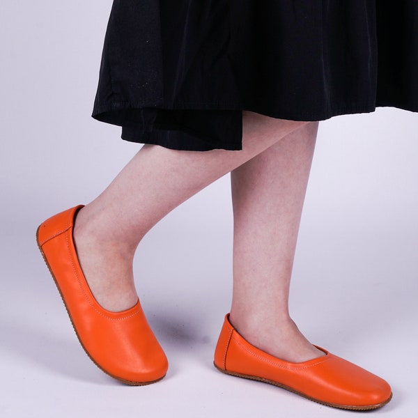 Flat Ballet Barefoot Zero Drop ORANGE SMOOTH Leather Ballerinas, Leather Handmade Shoes, Slip-On 5mm Rubber Outsole