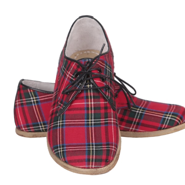 WOMEN Barefoot OXFORD Tartan Plaid Red Fabric & Leather Handmade Classic Yemeni Shoes, Natural, Colorful, Slip-On