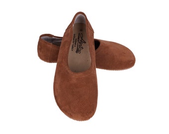 Ballet plano descalzo cero gota TAN SUEDE bailarinas de cuero, zapatos de cuero hechos a mano, suela de goma sin cordones de 5 mm o suela de cuero