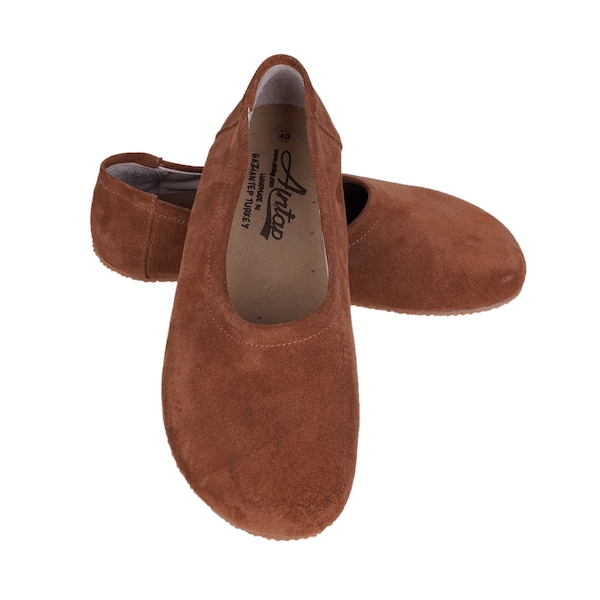 Flat Ballet Barefoot Zero Drop TAN SUEDE Leather Ballerinas, Leather Handmade Shoes, Slip-On 5mm Rubber Outsole or Leather Outsole