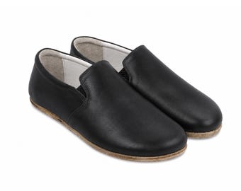 MEN Barefoot  Slip On, BLACK SMOOTH Leather, Handmade Yemeni Shoes, Natural, Leather Outsole