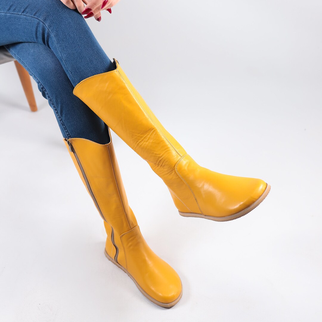 Womens Boots Yellow Leather Knee High Boots Handmade Mustard