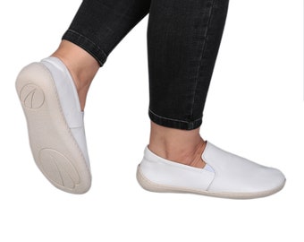 Women SLIP-ON WHITE Smooth Leather, Handmade Barefoot, Grounding, Zero Drop, Flexible Soft Rubber Sole, Stylish, Natural, Colorful