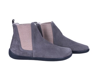 Women Handmade CHELSEA Boots Zero Drop, Barefoot GRAY NUBUCK Leather, Natural, Colorful, Leather Insole & 5mm Soft Rubber