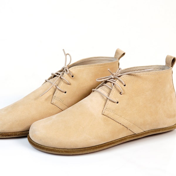 Women Handmade Ankle BOOTIES Zero Drop, Barefoot CREAM NUBUCK Leather, Natural, Colorful, Leather Insole & Outsole