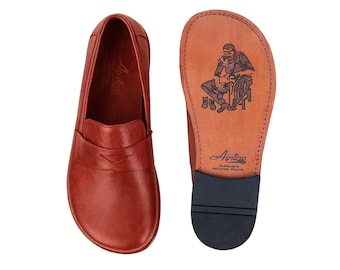 Women's Barefoot RED TOLEDO Leather Oxford Shoes, Classic Comfort & Style: Handmade, Penny Slip Ons