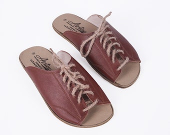 Handmade Brown Leather Barefoot Sandals: Women's Wide Lace Slippers