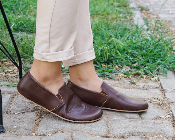slip on brown dress shoes Handmade Dark Brown Leather Barefoot Slip-on Shoes: Zero Drop