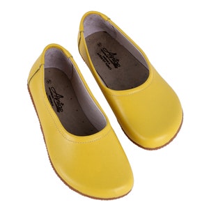 Flat Ballet Barefoot Zero Drop YELLOW SMOOTH Leather Ballerinas, Leather Handmade Shoes, Slip-On 5mm Rubber Outsole image 2