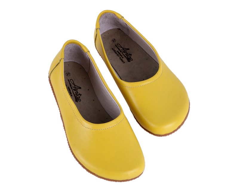 Flat Ballet Barefoot Zero Drop YELLOW SMOOTH Leather Ballerinas, Leather Handmade Shoes, Slip-On 5mm Rubber Outsole image 2
