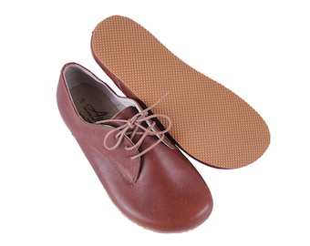 MEN Zero Drop Oxford Barefoot BROWN SMOOTH Leather Handmade Shoes, Natural, Colorful, Slip-On 5mm RuBBER OuTSOLE