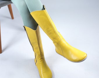 Women Flat KNEE Boots Barefoot Zero Drop YELLOW SMOOTH Leather Handmade Shoes, 6mm Soft Rubber Outsole