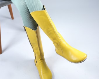 Yellow Smooth Leather Barefoot Knee Boots: Handmade Zero Drop