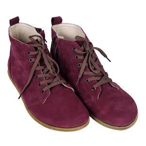 Dames KORTE Rits & Veters Laarzen Zero Drop, Barefoot BOURGONDIË Nubuckleer, Natuurlijk, Kleurrijk, Leren binnenzool, 6mm leren buitenzool