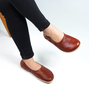 Flat Ballet Barefoot Zero Drop BROWN SMOOTH Leather Ballerinas, Leather Handmade Shoes, Slip-On Slip-On 6mm Rubber Outsole