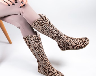 Women Flat KNEE Boots Barefoot Zero Drop LEOPARD HAIR Calf  Leather Handmade Shoes, 5mm Leather Outsole