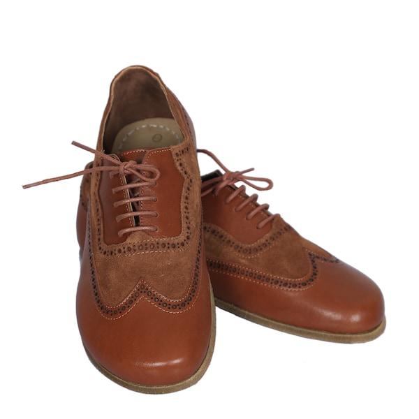 MEN Barefoot OXFORD, Moccasin Shoes for  Businessman BROWN Smooth Leather Handmade Zero Drop, Dress Formal Oxfords Lace Up