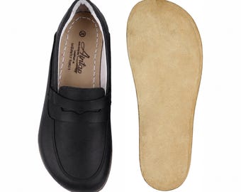 Herren Barfuß BLACK SMOOTH Lederschuhe, klassischer Komfort & Stil: Handgemacht, Penny Loofers
