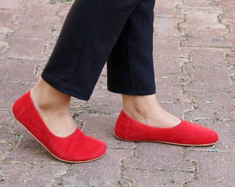Flat Ballet Barefoot Zero Drop RED NUBUCK Leather Ballerinas, Leather Handmade Shoes, Slip-On 5mm Rubber Outsole