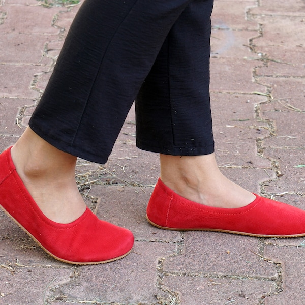 Flat Ballet Barefoot Zero Drop RED NUBUCK Leather Ballerinas, Leather Handmade Shoes, Slip-On 5mm Rubber Outsole