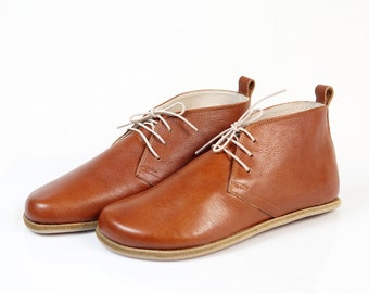 Men Handmade ANKLE BOOTIES Zero Drop, Barefoot BROWN Smooth Leather, Natural, Colorful, Leather Insole & Outsole