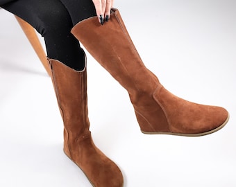 Women Flat KNEE Boots Barefoot Zero Drop TAN SUEDE Leather Handmade Shoes, 5mm Leather Outsole